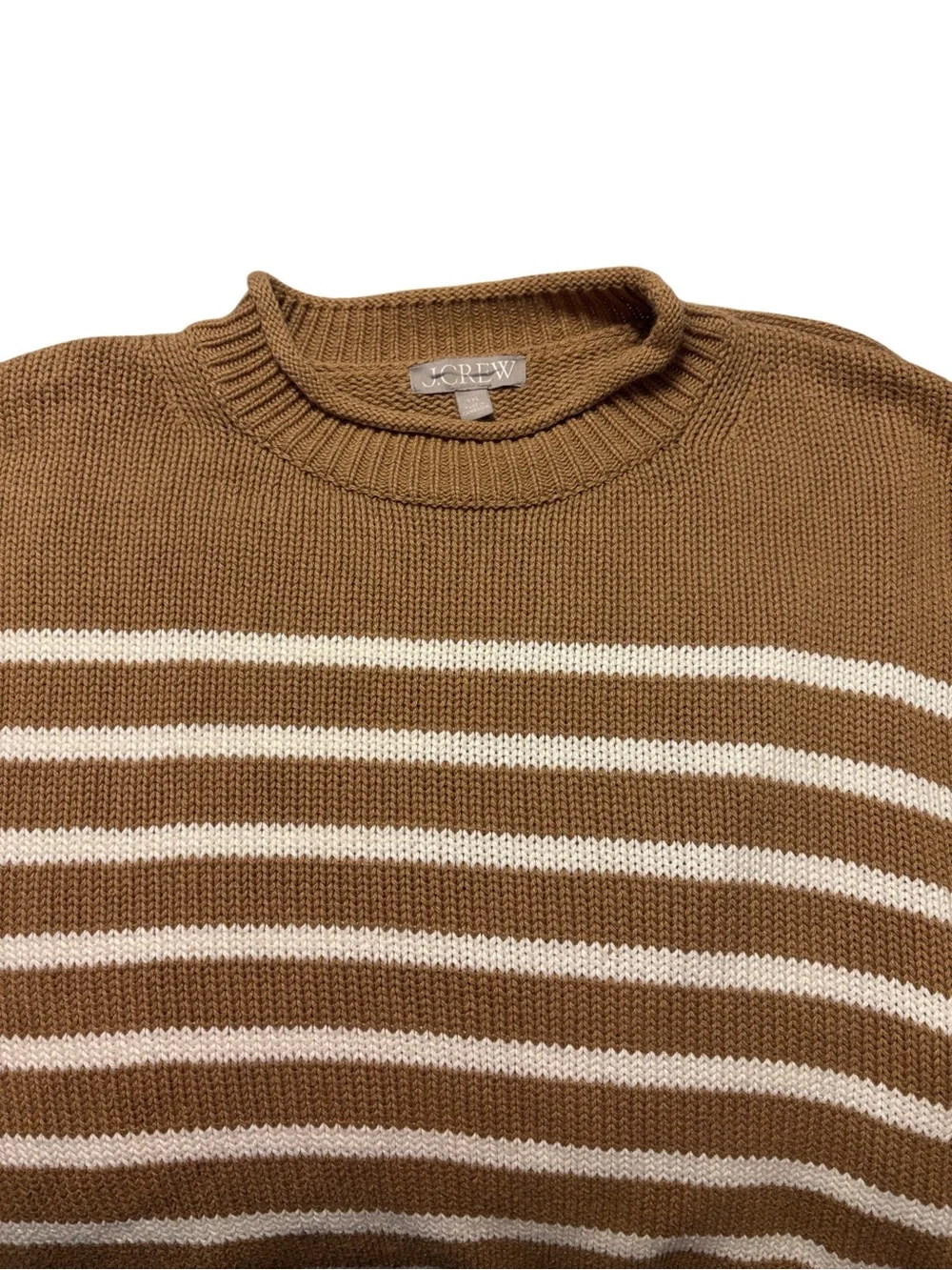 J. Crew Rollneck Sweater Stripe XXL Tan White Relaxed Fit Cotton Preppy Summer